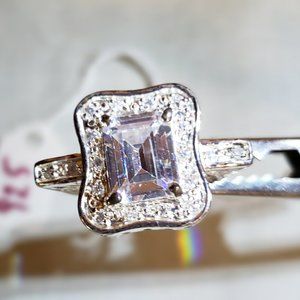 Clear stone? glass? crystal? ring in filigree sterling setting, size 7